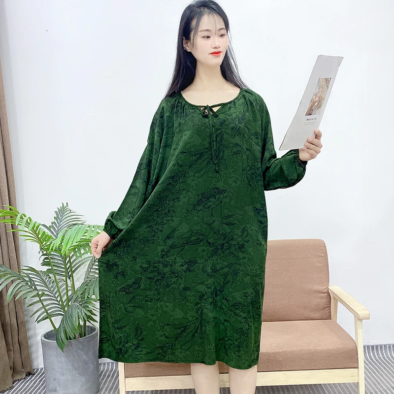 长袖睡裙女2025新款春夏季棉绸新中式睡衣休闲长裙大码家居服Y159