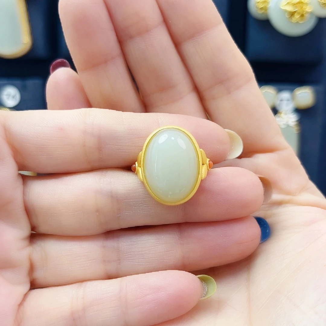 和田玉银S925镀金镶嵌戒指