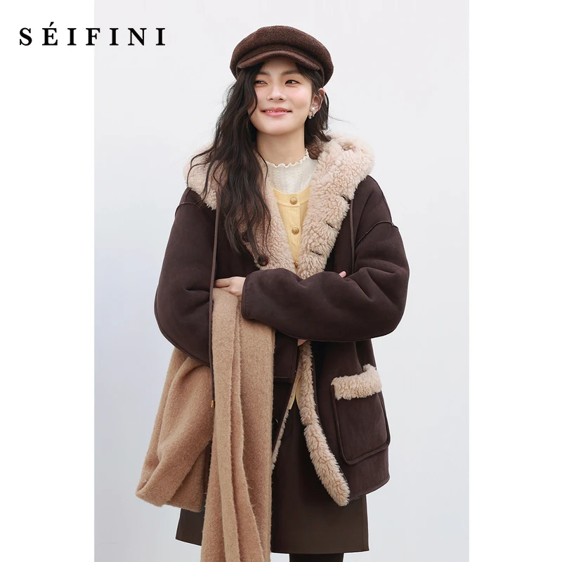 【双面可穿】诗凡黎绵羊毛短外套连帽厚保暖厚外套巴恩风7FB410191