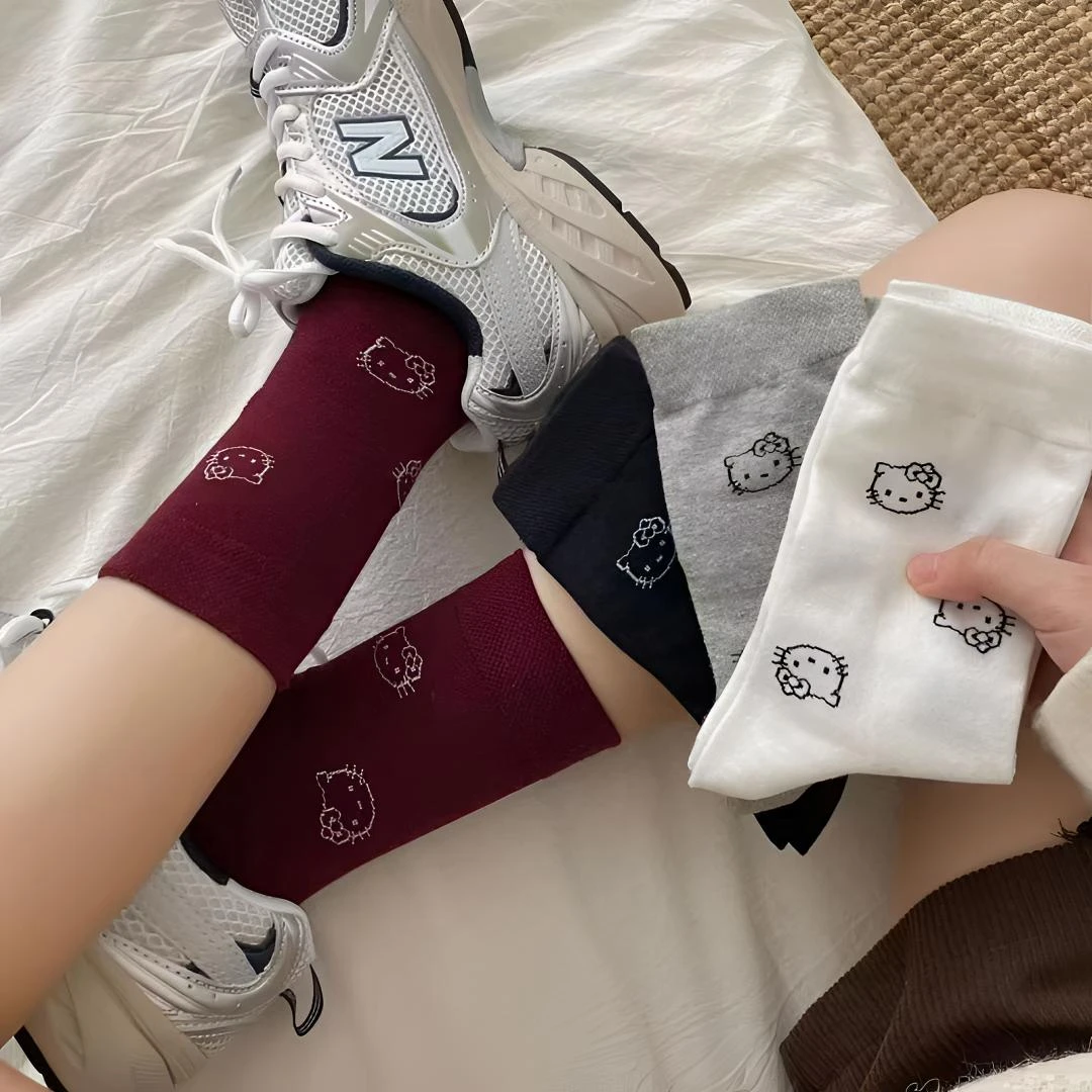 【5双装】kitty猫满身可爱卡通袜子安可拉红女生高颜值舒适中筒袜子