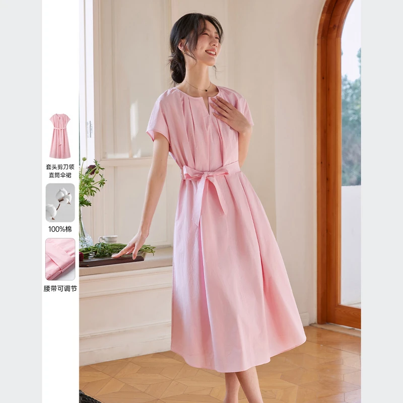 *棉质透气休闲简约连衣裙夏款宽松显瘦直筒裙女M9955