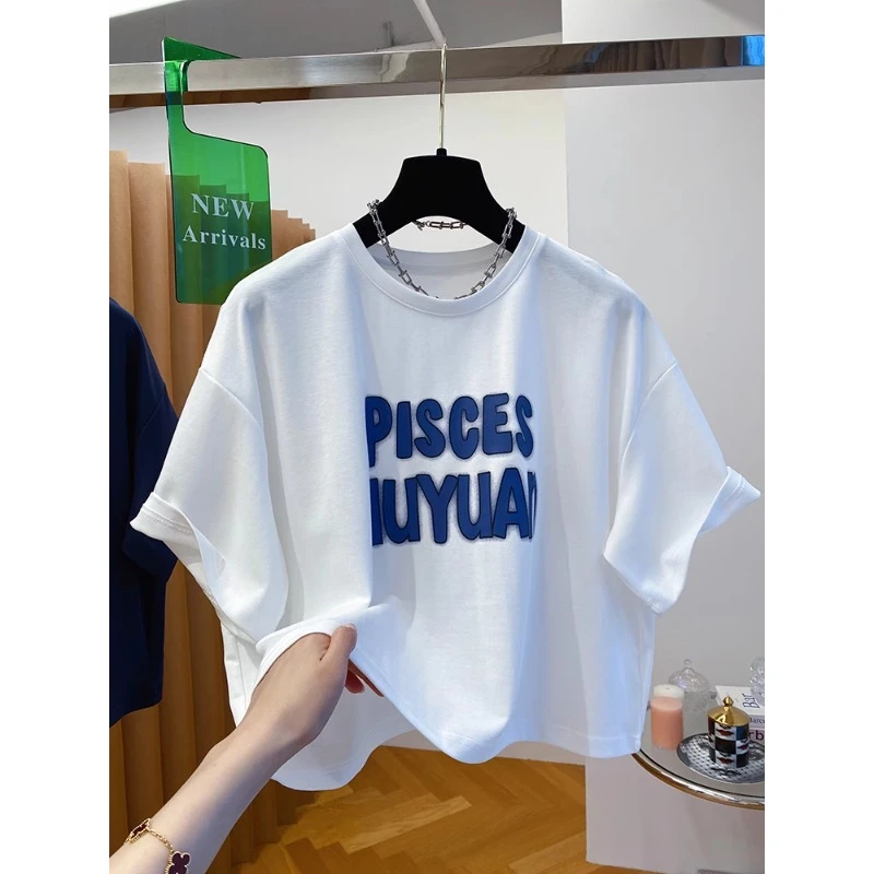 大码女装韩版字母印花t恤女短袖新款宽松休闲小个子短款上衣