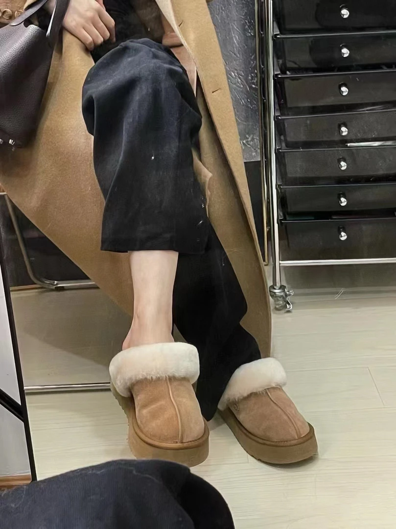 潮鞋栗色女平跟秋冬休闲毛拖女鞋包头毛绒雪地靴舒适