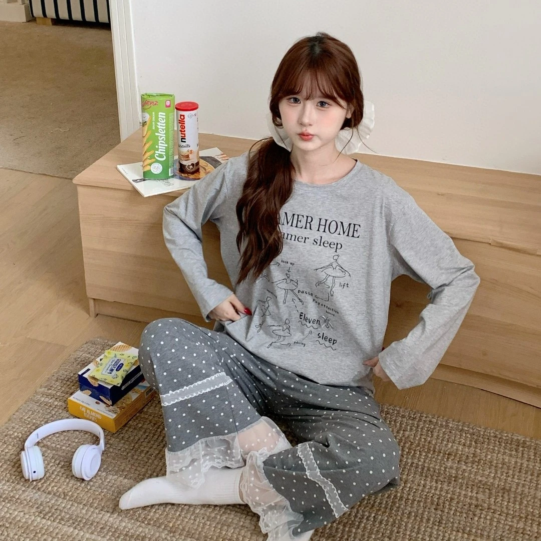 F-B6667春秋季甜美蕾丝花边可爱卡通芭蕾女孩女士睡衣家居服套装