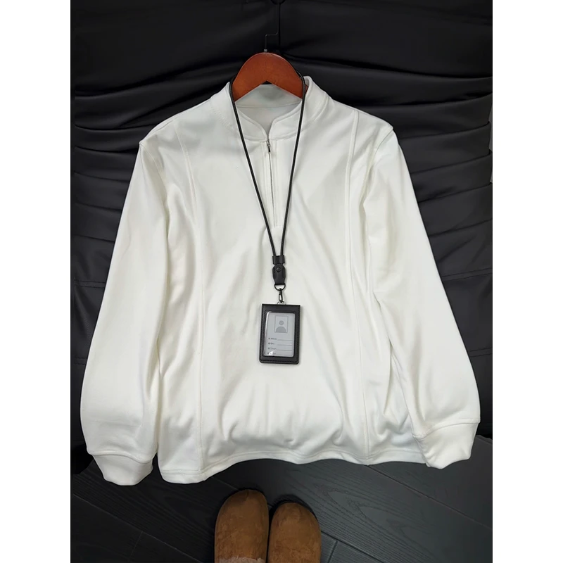 半拉链设计感德绒T恤男款秋冬季长袖纯色保暖卫衣美式重磅打底衫