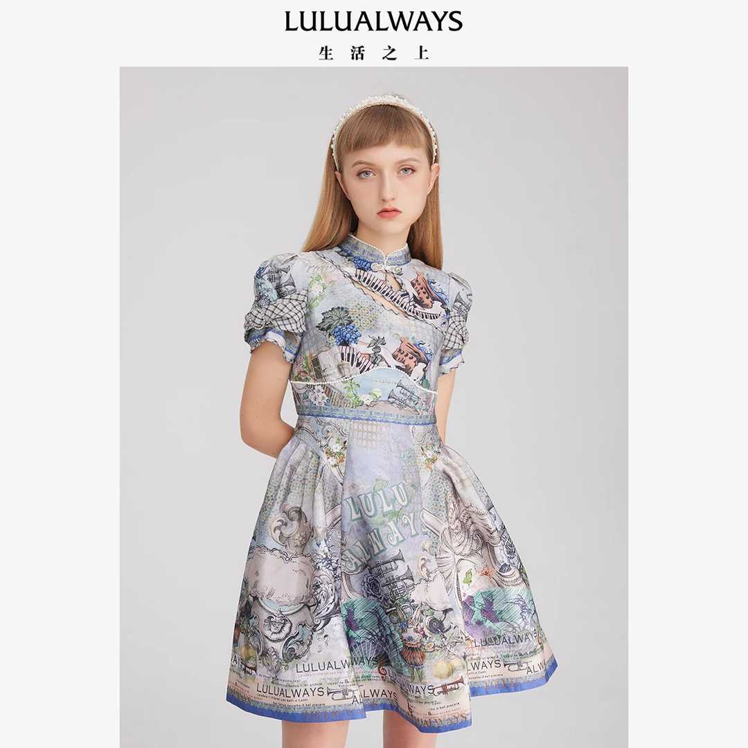 LULUALWAYS 2022印花宫廷风收腰连衣裙LNC5009
