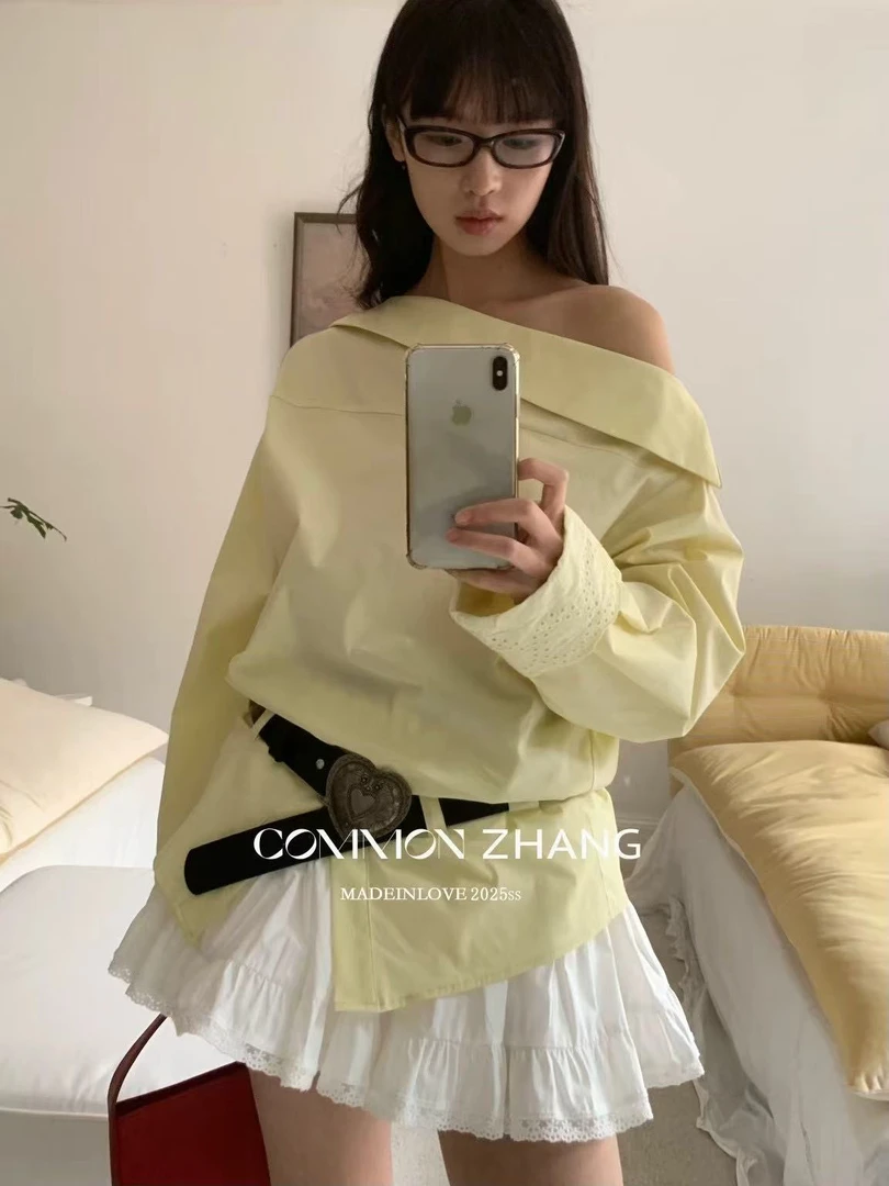 喜糖 6156# 高级设计款斜肩衬衣【腰带搭配美丽翻倍】