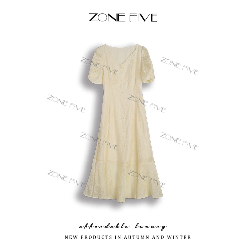 【zonefive】安琪连衣裙女夏季新款法式气质高端刺绣收腰显瘦裙子