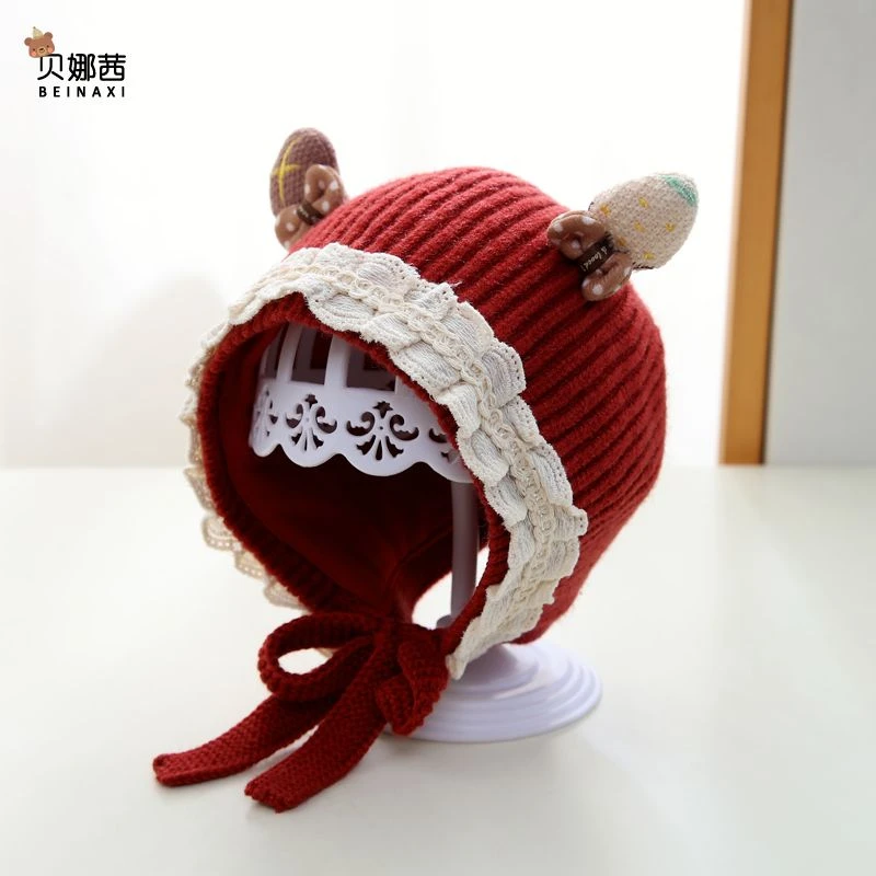 婴儿帽子秋冬季婴幼儿宝宝女洋气蕾丝毛线帽小月龄保暖护耳帽冬季