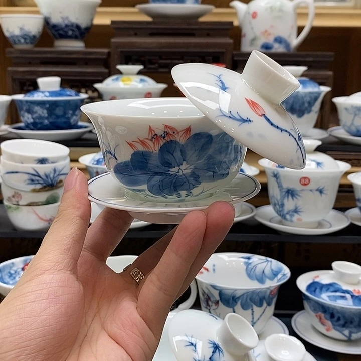 手绘悬停荷花盖碗釉下彩高温瓷微瑕福利款