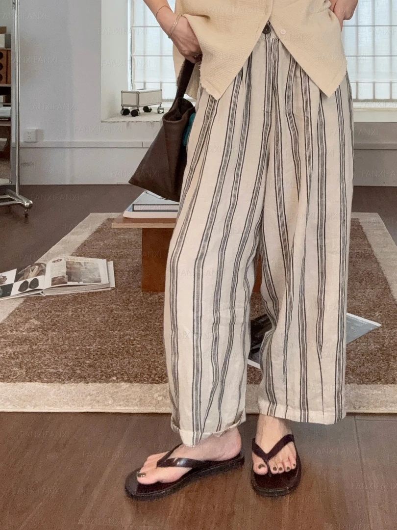 2025有想法不规则色织百搭条纹棉麻松紧腰阔腿休闲十分长裤女K79