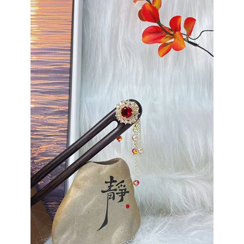 K151双簪红色流苏原创气质时尚15公分发簪