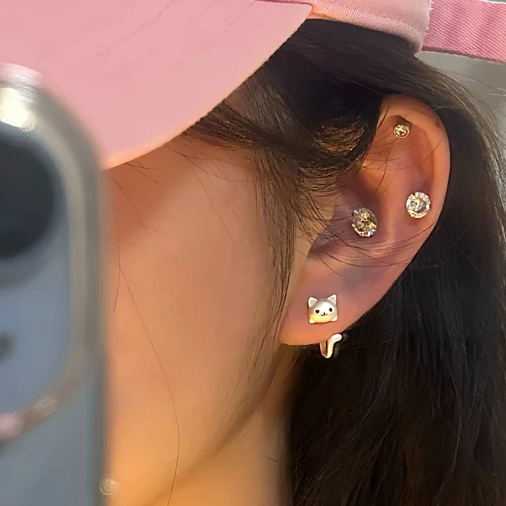 铜合金耳饰 童趣可爱小猫耳钉套装女银针Q版小清新女小巧穿孔