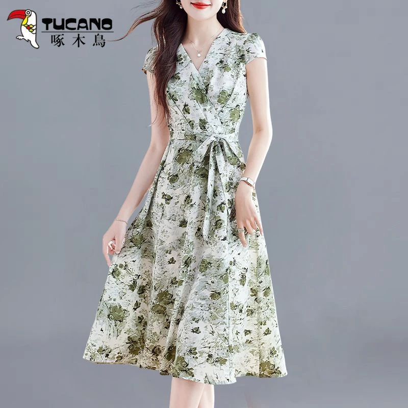 哥弟阿玛施正品时尚碎花雪纺连衣裙女2025款薄款透气中长显瘦A字