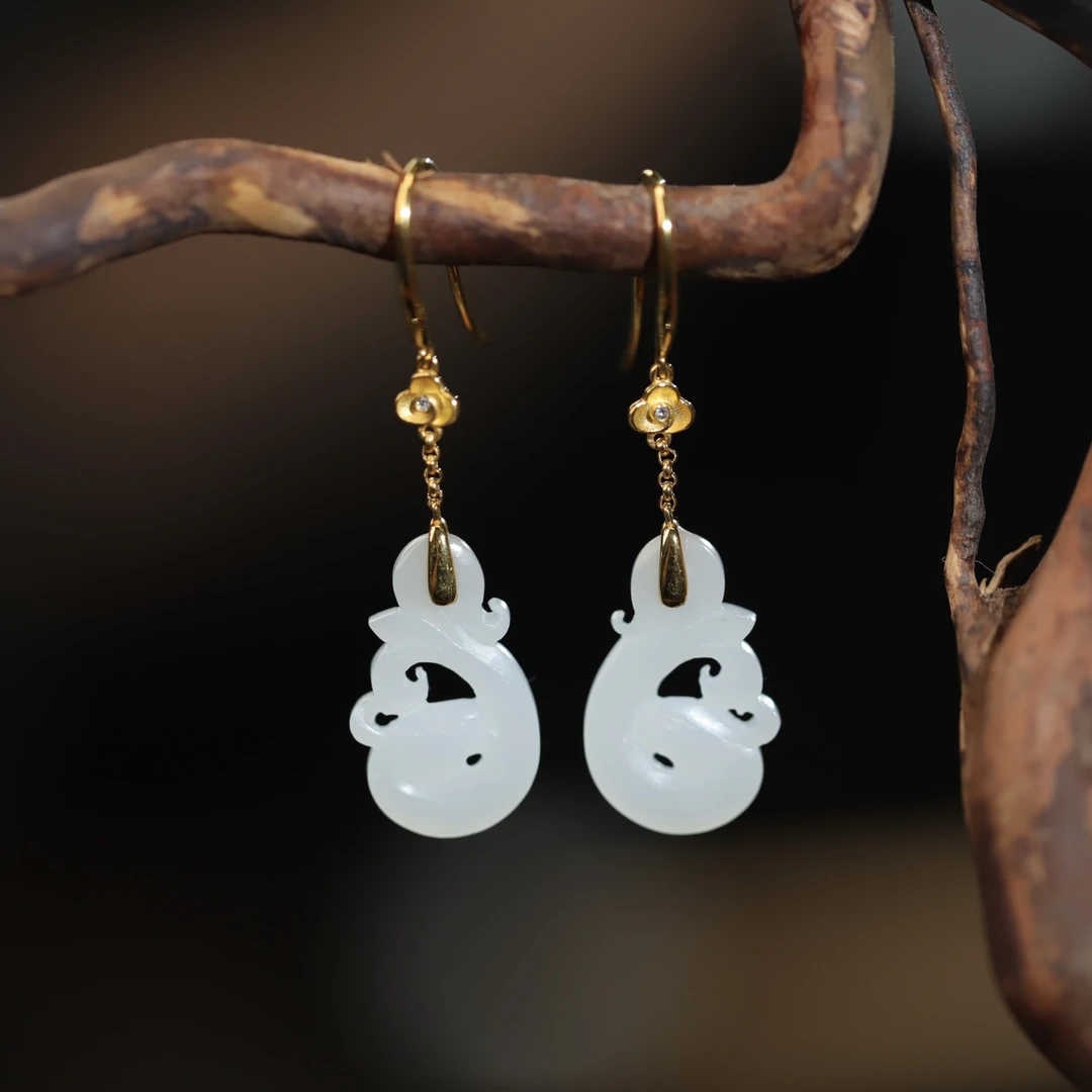 新疆和田玉18K金凤凰耳环耳坠耳钩