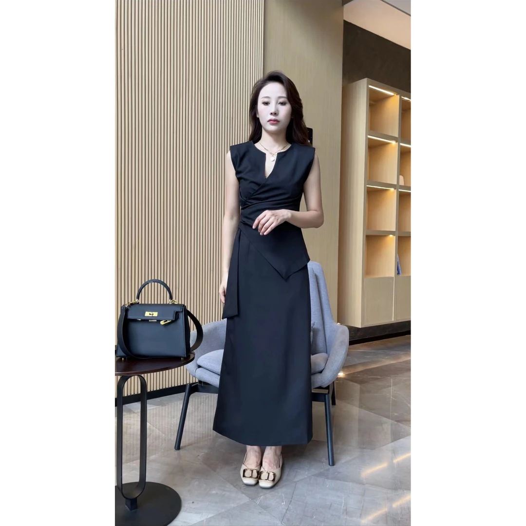 纯色通勤设计感褶皱上衣+收腰显瘦开叉半身裙套装-24195