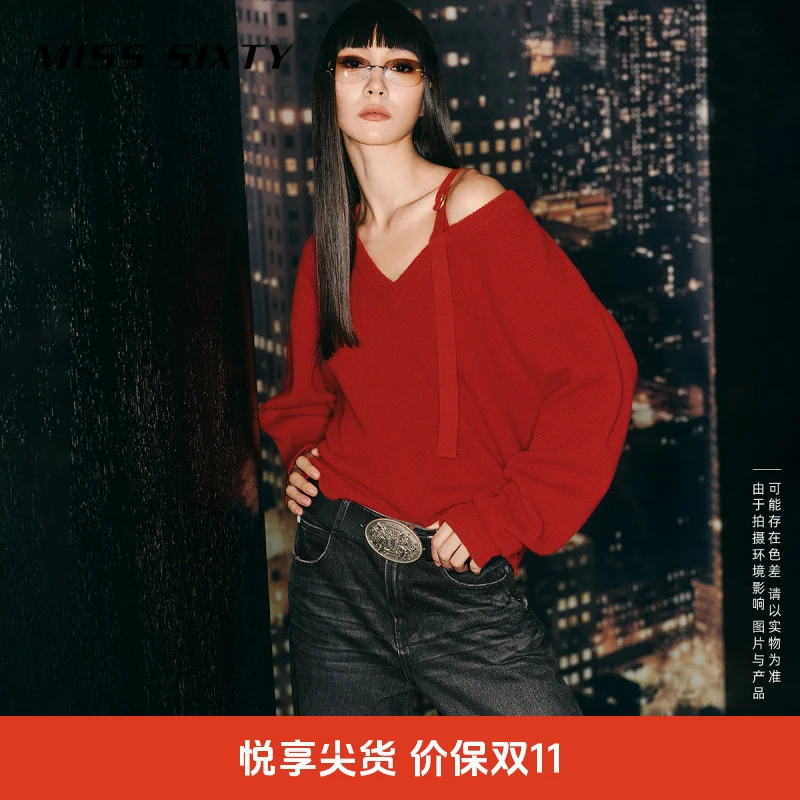 Miss Sixty绵羊毛针织衫女V领设计感短款气质毛衣