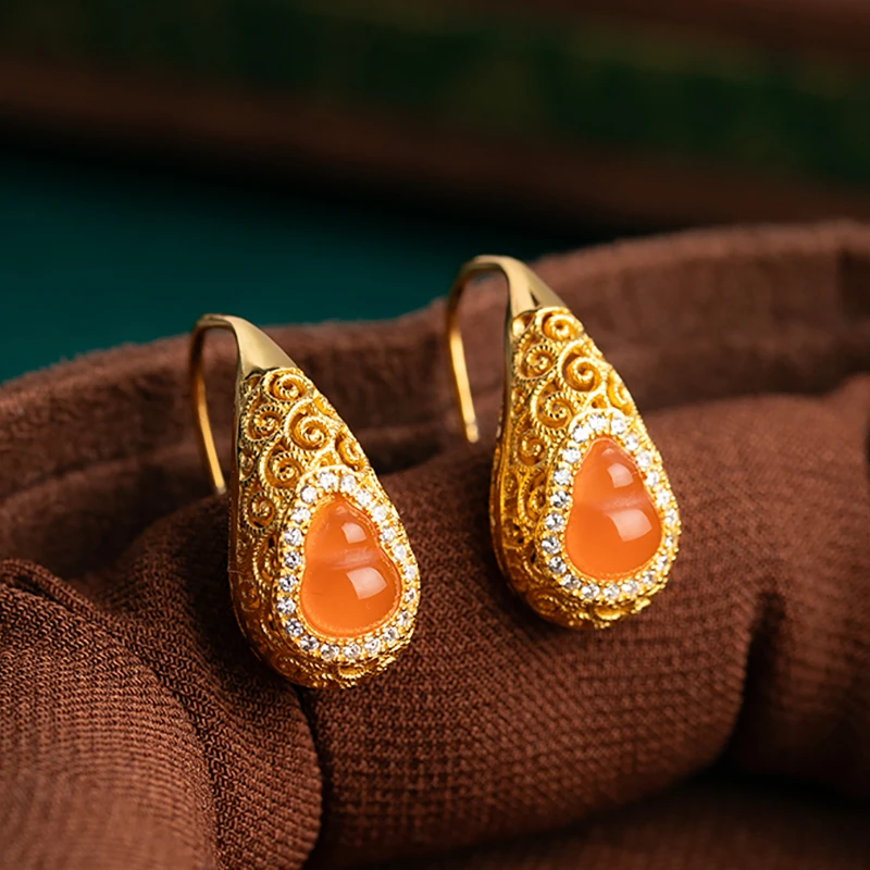 小银匠南红耳饰S925银葫芦耳环女中式大气红色红玛瑙耳坠银耳饰