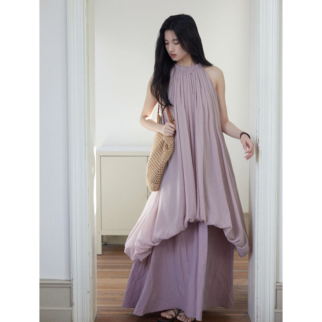 贰羊设计【颜洛】温柔紫超仙挂脖长裙女夏高级氛围感假两件连衣裙