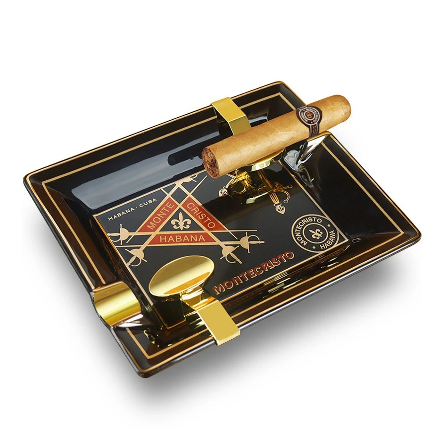 新款雪茄烟灰缸两槽陶瓷创意轻奢现代办公室烟缸配两金属雪茄托架