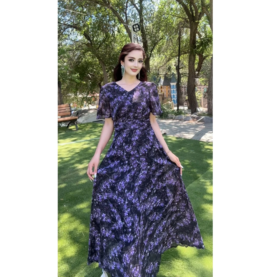 9822夏季时尚气质腰部褶皱设计法式女装连衣裙