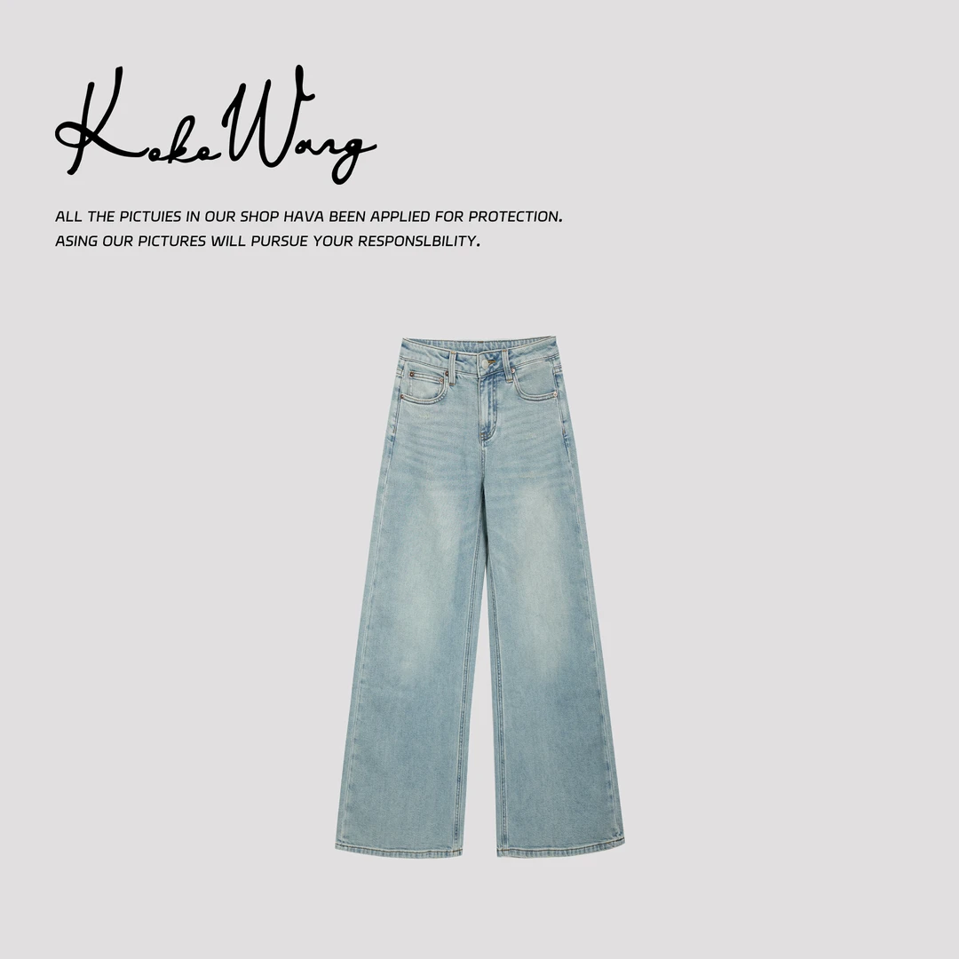 KOKO WANG夏季新款时尚猫须水洗显瘦百搭直筒牛仔裤542974L05K42