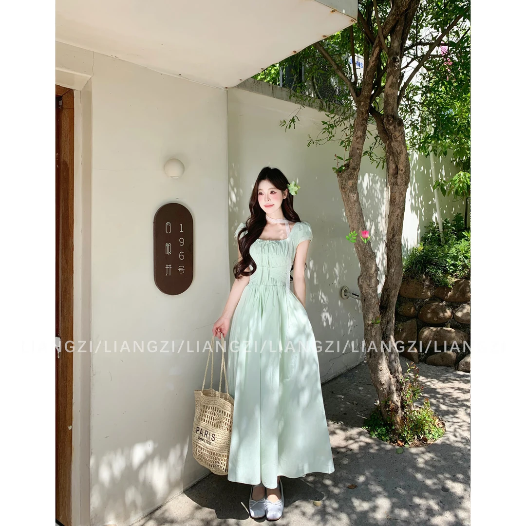 梁子【薄荷汽水】夏季纯色绑带打揽长裙收腰显瘦连衣裙