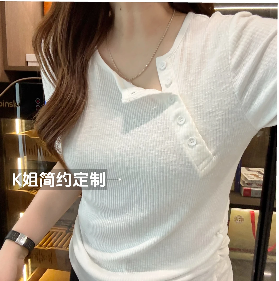 GTNER“KK定制”纽扣短袖T恤女抽褶收腰显瘦设计感小众上衣D1811