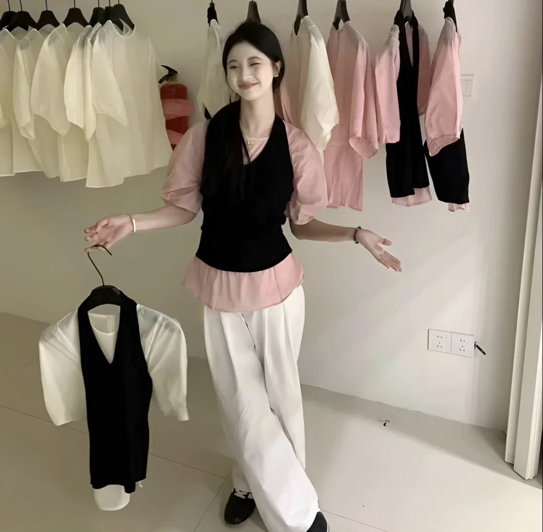 【挂脖两件套2】韩系ins挂脖吊带➕女装粉色小衫真两件套