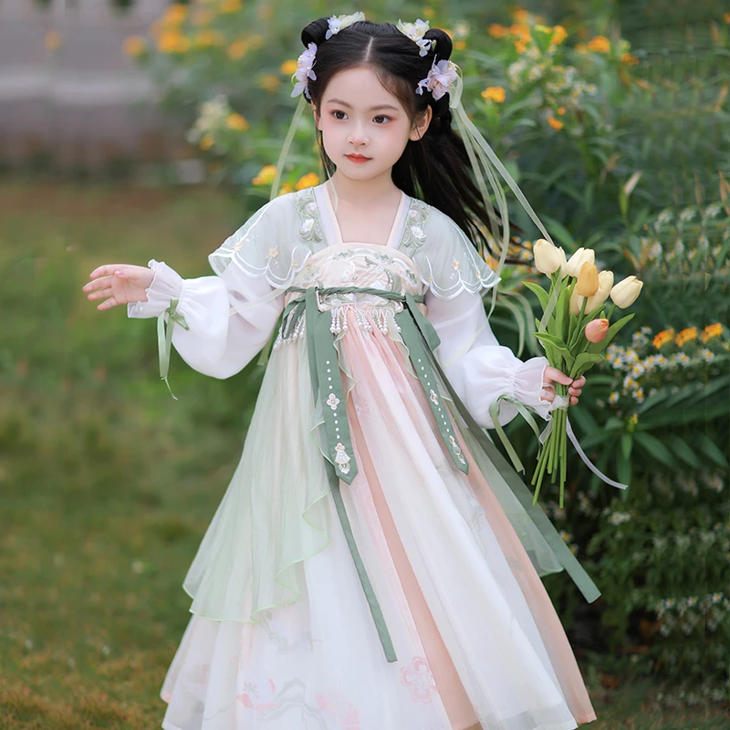 旗铂-绿芜 汉服春季女童齐胸襦裙刺绣汉服童装原创汉服女童连衣裙