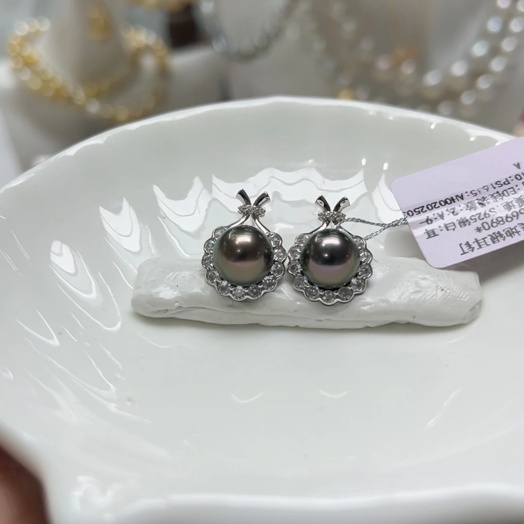 银S925镶嵌海水珍珠上新大溪地钱袋款耳钉9-10mm