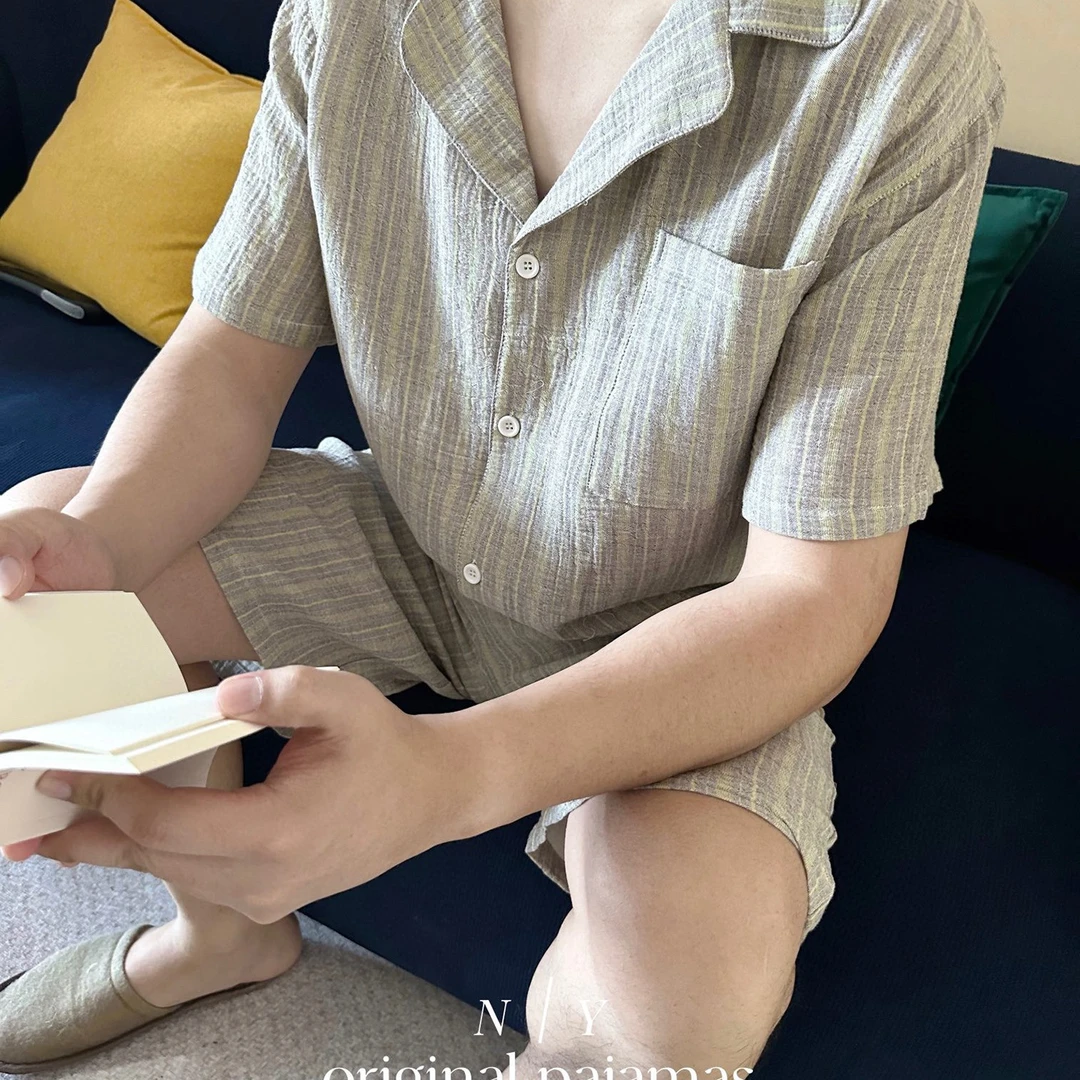 全棉双层纱皱皱纱睡衣睡裤100%全棉家居服男士舒适柔软亲肤纯棉