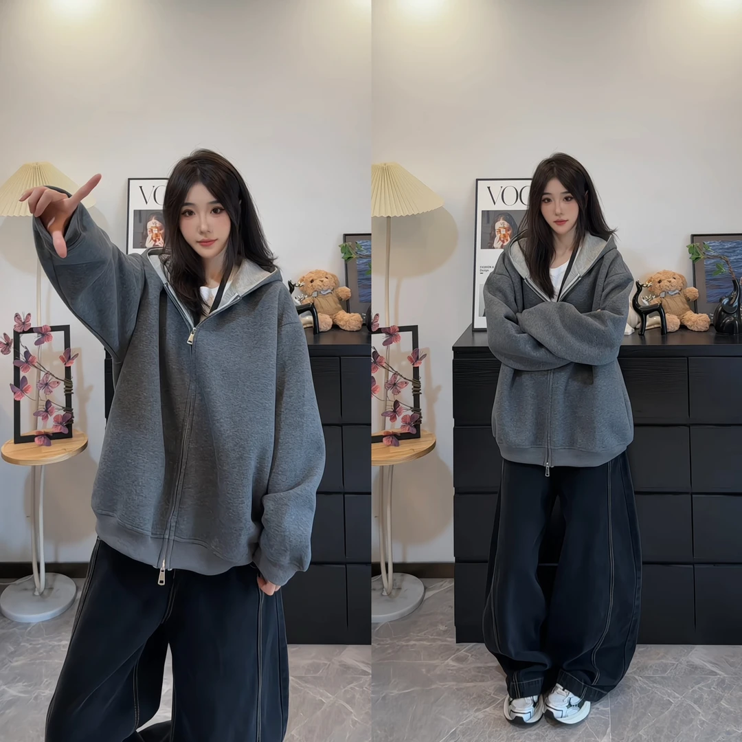 460G重磅拼色开衫卫衣男女同款宽松百搭连帽情侣外套休闲运动上衣