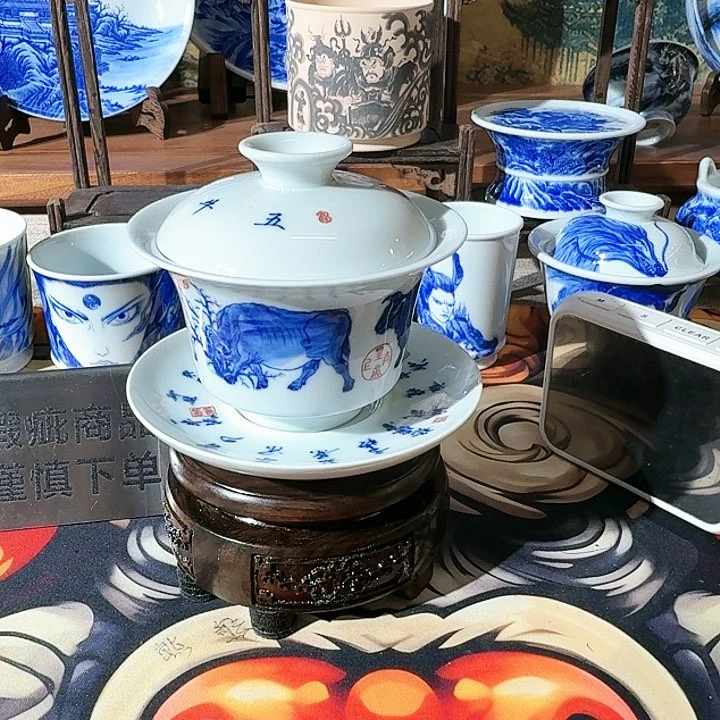 泥塑大*卜五牛图盖碗手工手绘微瑕