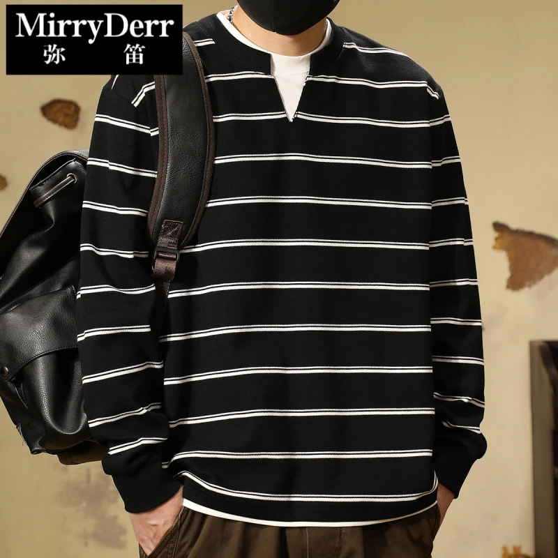 高端V领假两件条纹长袖T恤男秋冬新款美式复古打底衫宽松潮牌卫衣