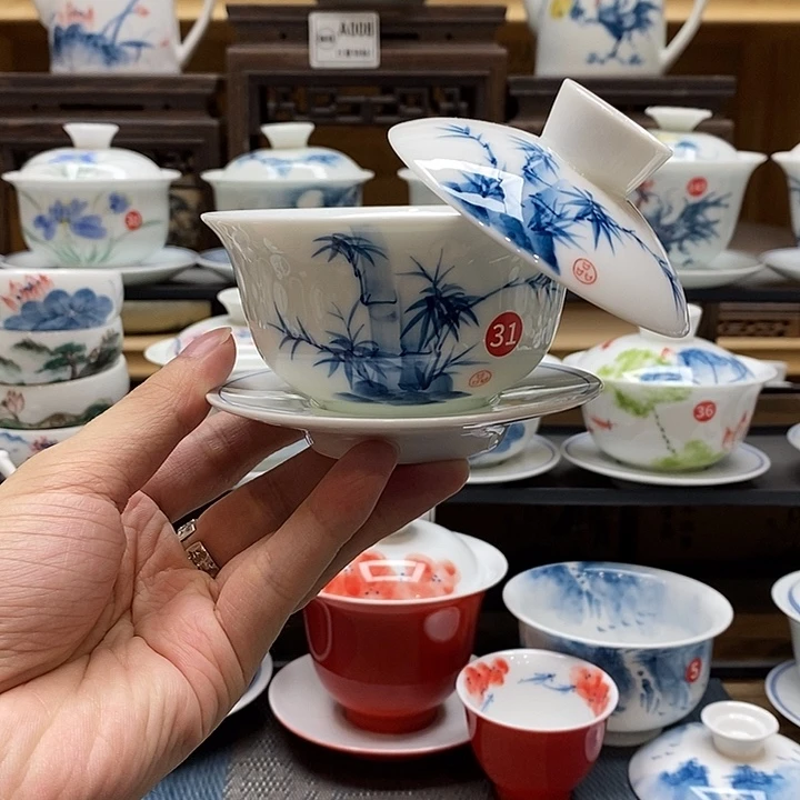 手绘咏竹150cc悬停盖碗釉下彩微瑕福利款