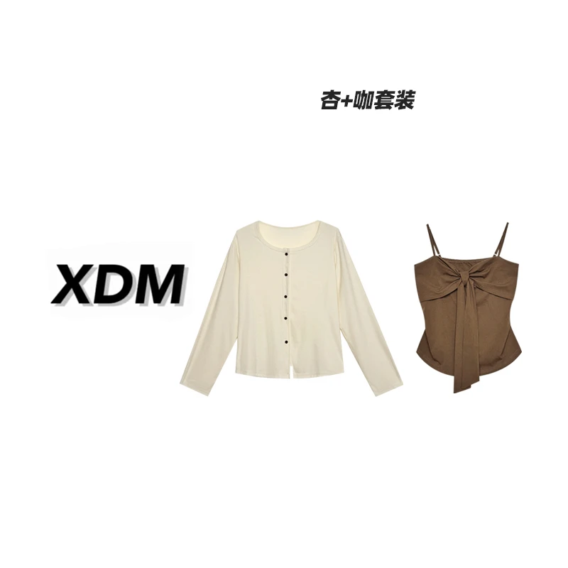 【甜茶】两件套上衣捏褶蝴蝶结吊带秋季大码女孩显瘦开衫两件套3781