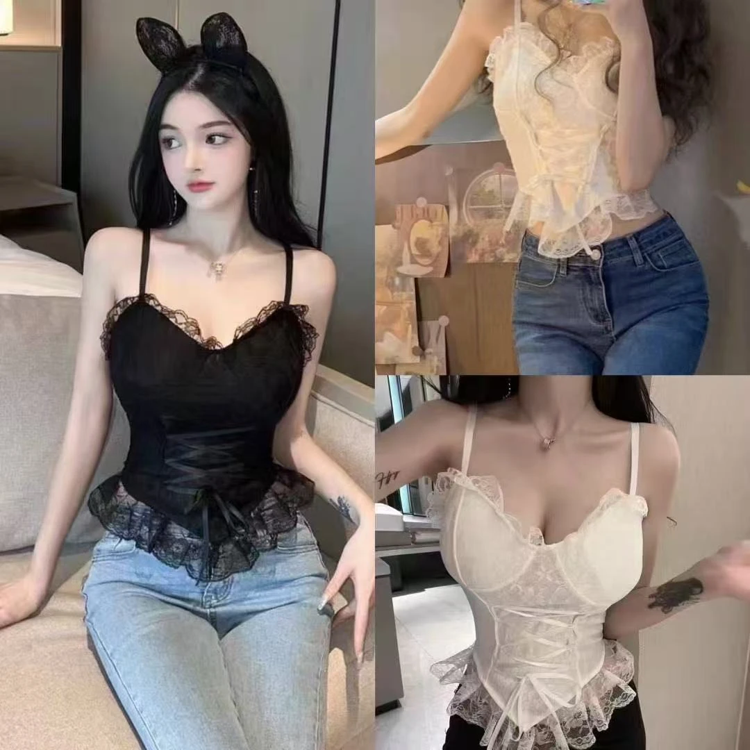 【莹莹推荐】性感辣妹法式蕾丝带胸垫吊带内搭外穿绝美上衣绑带