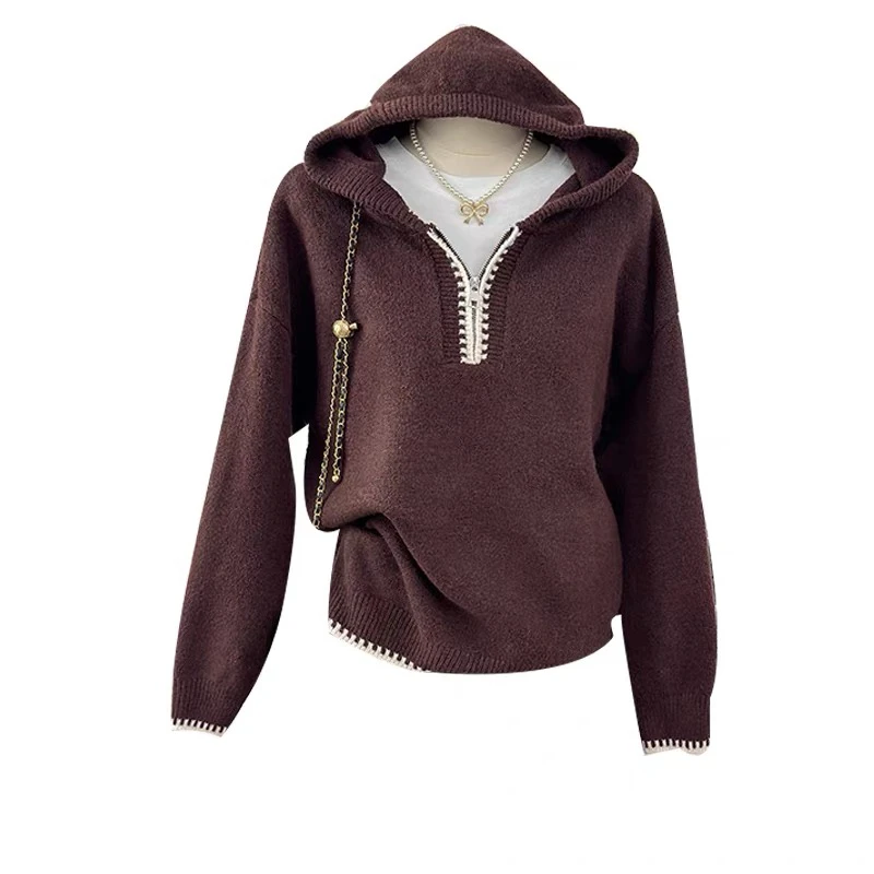 韩系半拉链连帽套头针织衫卫衣女秋冬外穿慵懒风宽松帽衫毛衣上衣