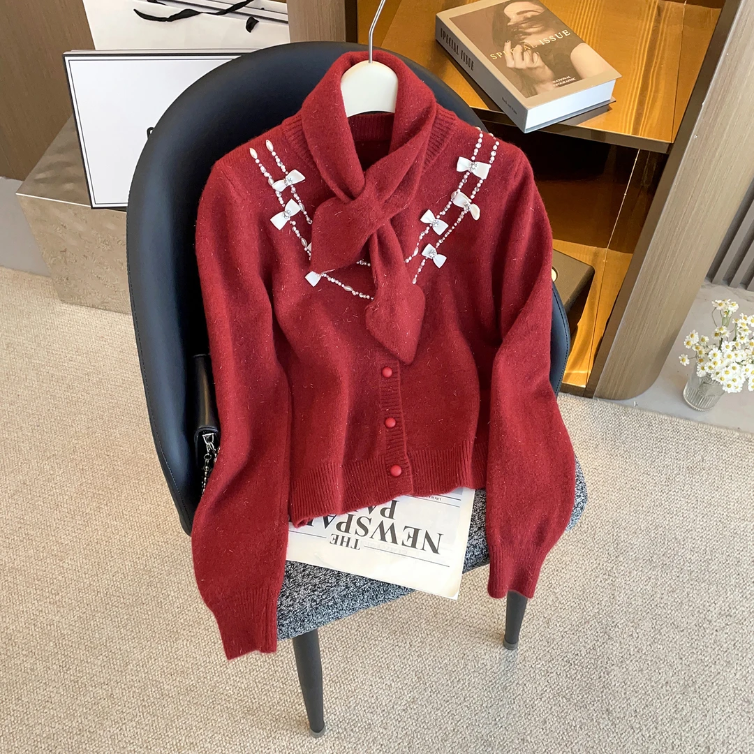 新款法式复古小众设计感重工钉珠修身显瘦长袖针织衫DY9799