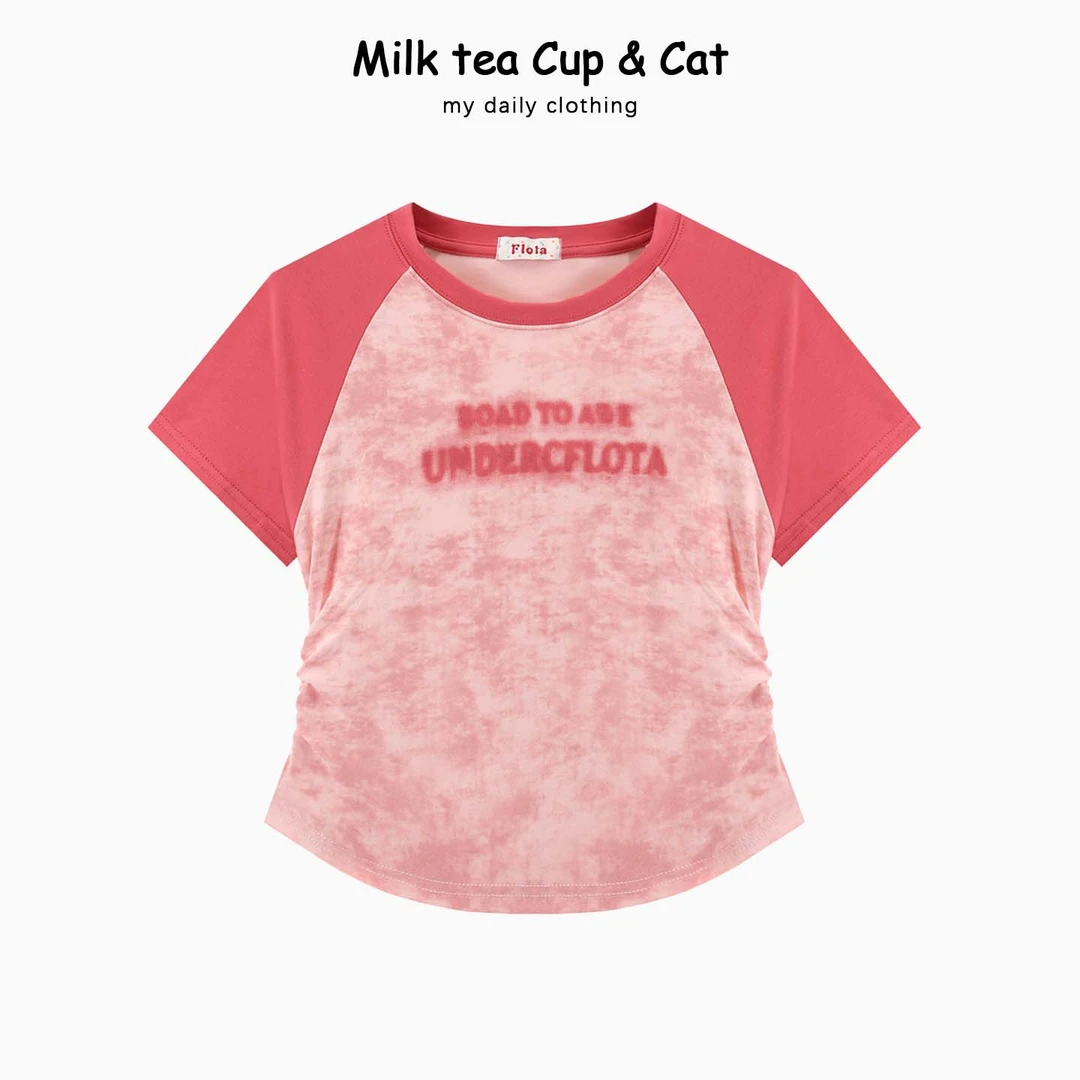 flota/0777 高级感撞色插肩T恤字母印花扎染短袖收腰短款上衣XJ