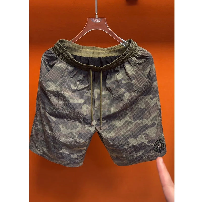 欧洲站高定潮牌男装阔腿裤子2025夏季新款设计感字母刺绣迷彩短裤