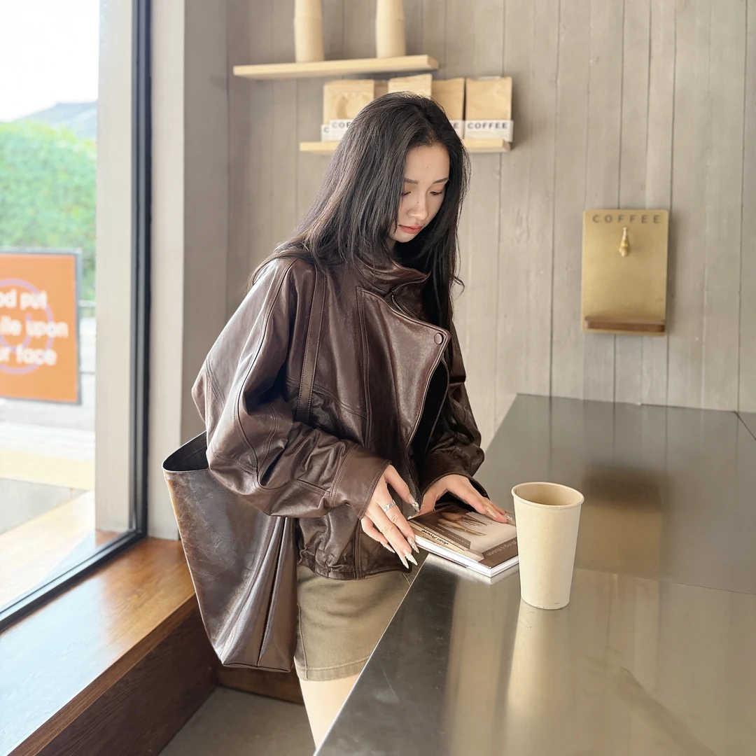 euri绵羊皮丨西班牙小羊皮丨工装风立领帅气皮衣短款外套-MY6185