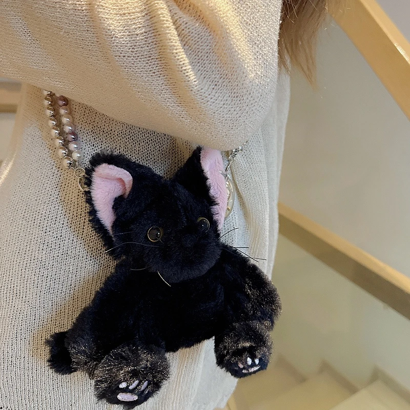 jioli/椒莉卡通可爱黑色猫咪手机背夹毛绒公仔玩偶链条斜挎挂绳女