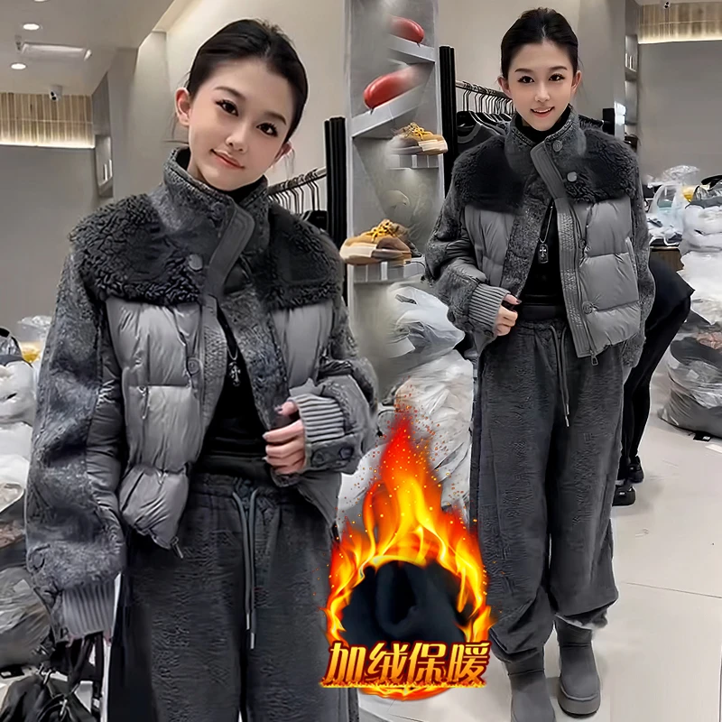 休闲潮流设计感套装女2025年冬季新款加绒保暖外套休闲长裤两件套