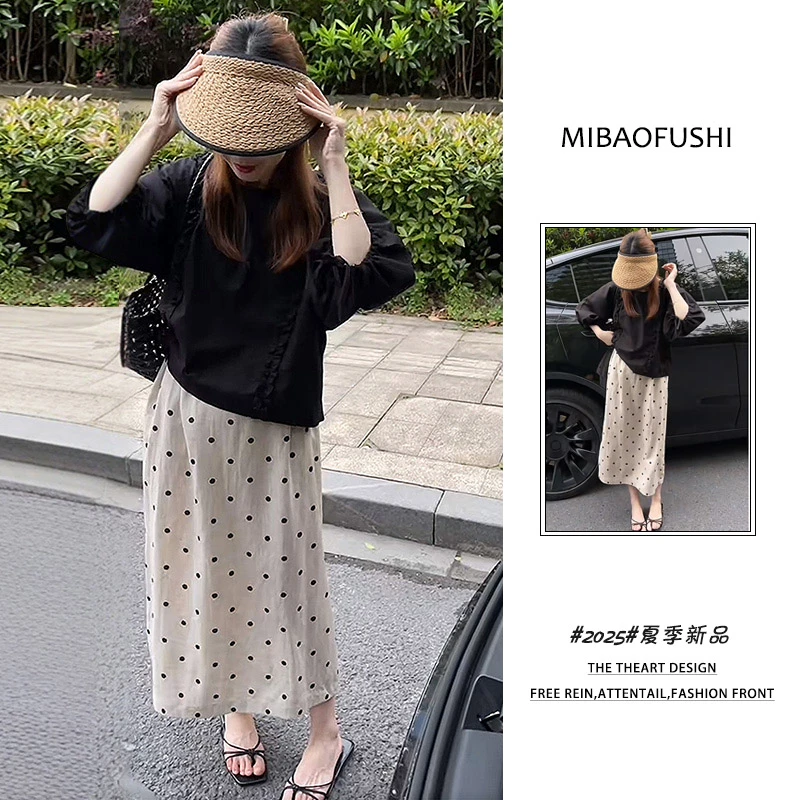 夏季穿搭一整套2025新款韩系花边防晒衬衫波点半身裙两件套