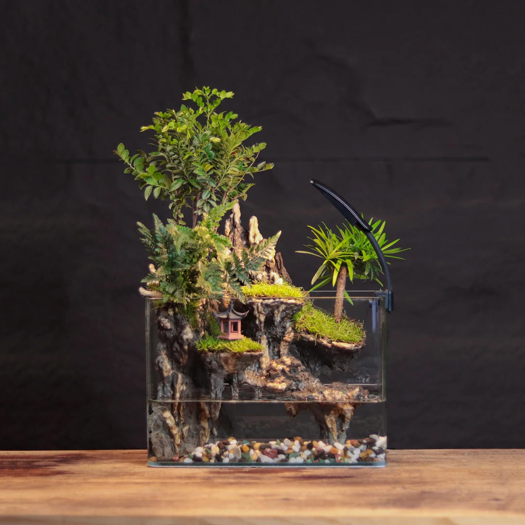 [山高水长]紫檀绿植桌面景观中式国风流水摆件鱼缸-ZS-30*18*21cm