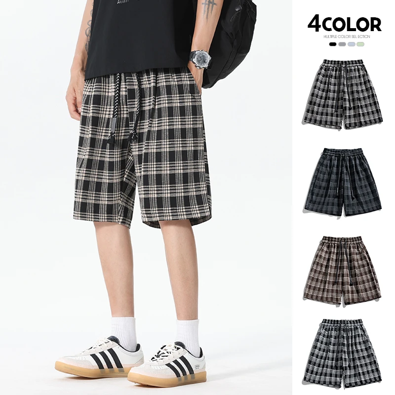 大码格子短裤男夏季加肥加大五分运动裤子外穿潮流宽松百搭中裤