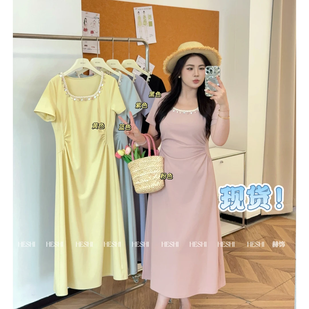 现货【小雨】大码胖mm夏季新款收腰气质设计感短袖连衣裙05033D