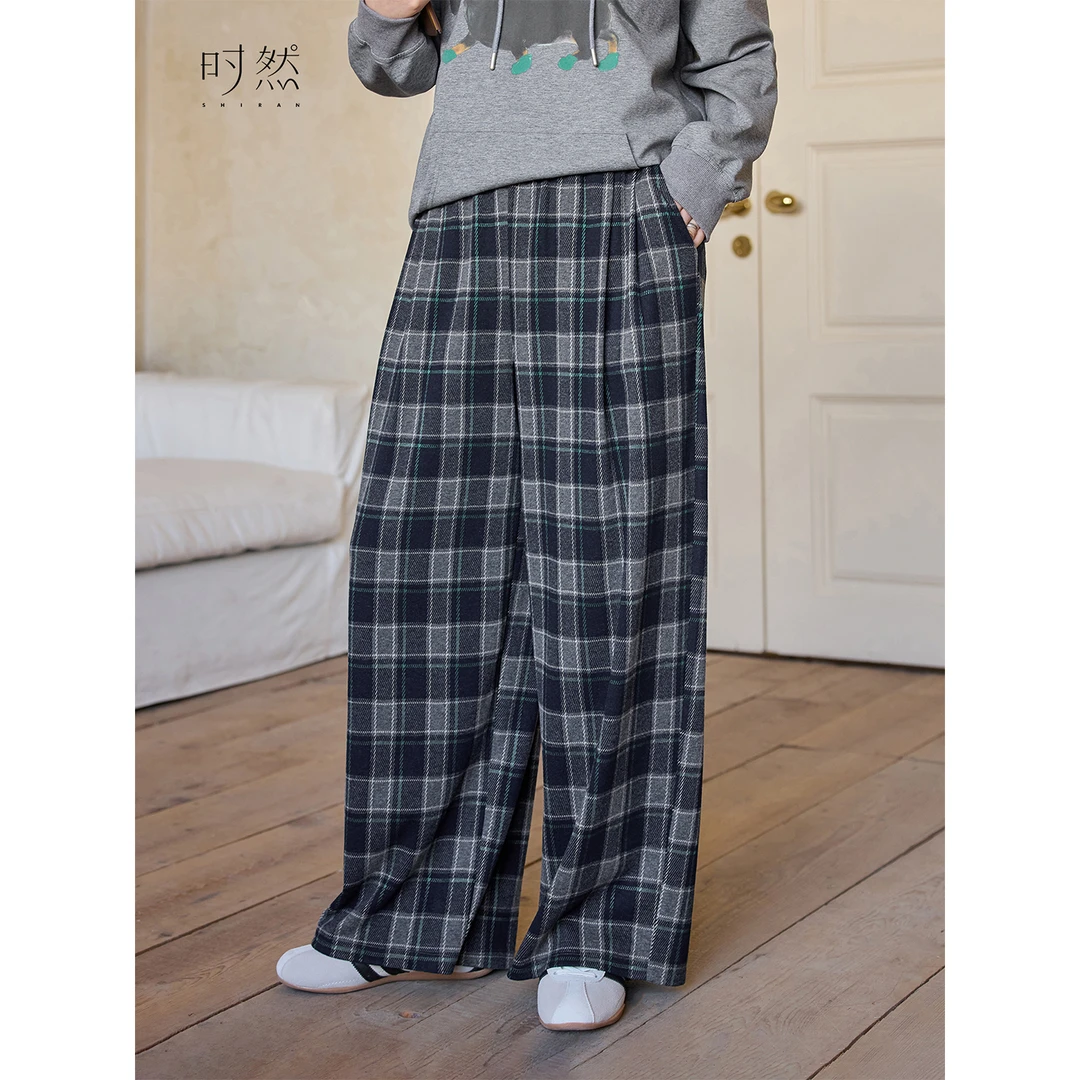 时然【慵懒格调】微胖大码女装显瘦百搭高腰微弹休闲直筒休闲格子裤